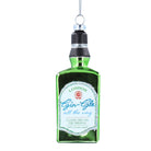 Green gin bottle ornament with label on a white background