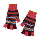 Pair of colorful fingerless gloves with a pattern on a white background