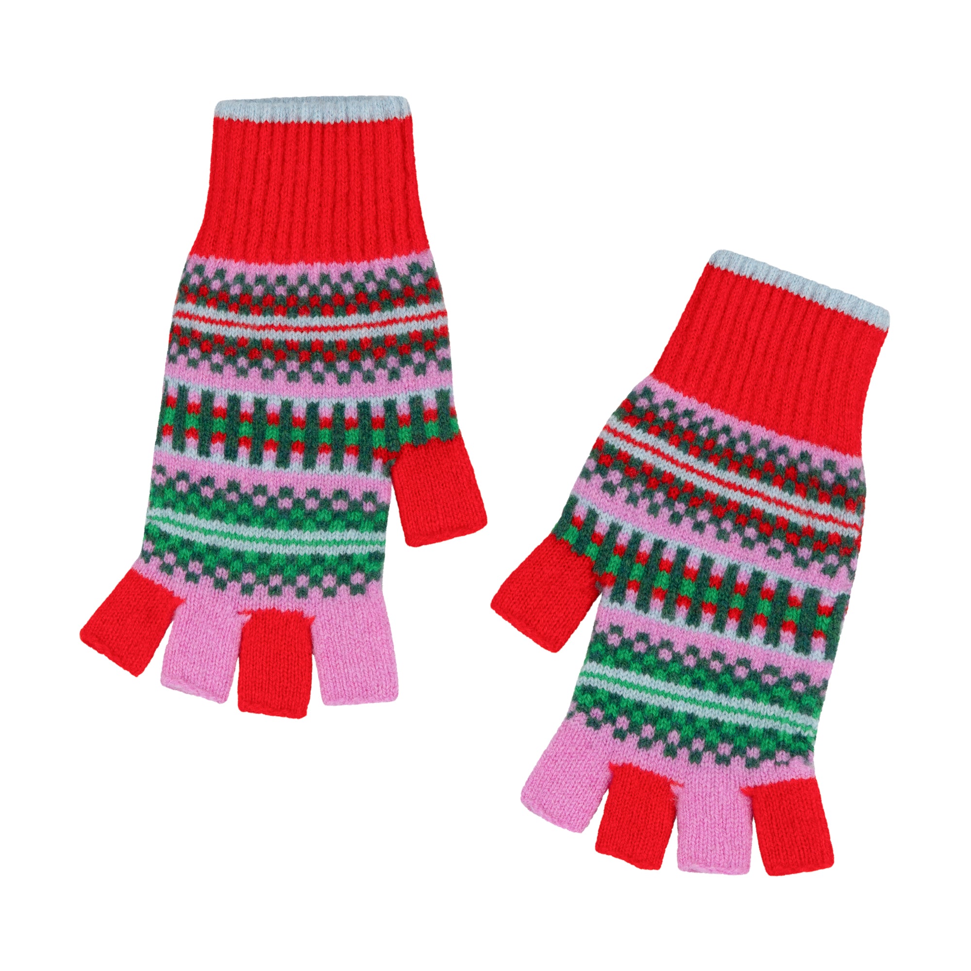 Pair of colorful fingerless gloves with a pattern on a white background