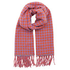 Plaid scarf with orange and pink pattern on a white background