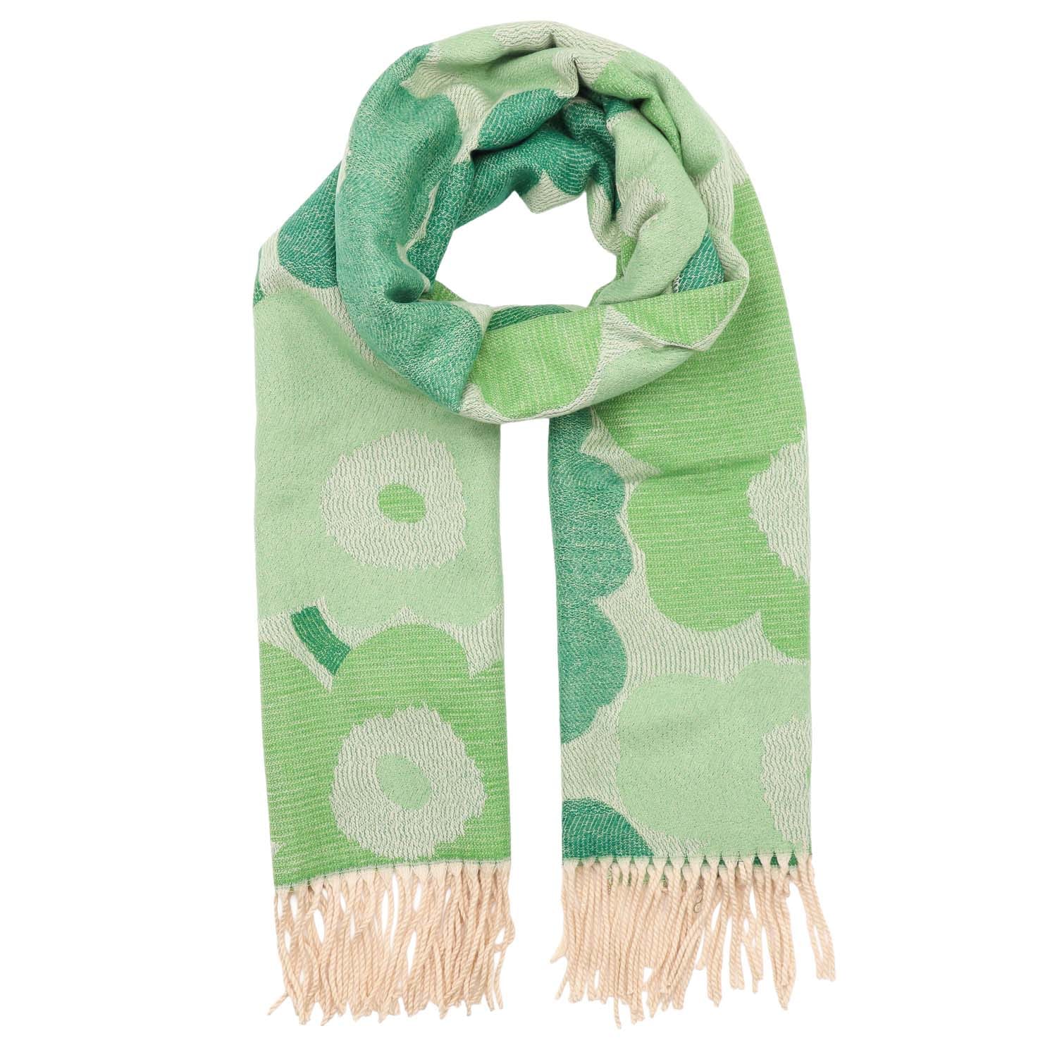 Green floral patterned scarf with beige fringe on a white background