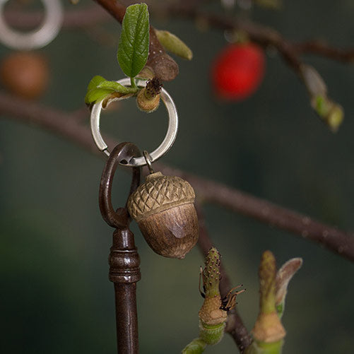 A close-up of a metal keyring with a carved acorn pendant hanging from a dark metal key, set against a blurred natural background with leaves and a red berry.