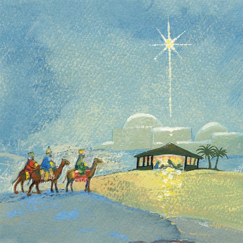 Painting of three wise men on horses approaching a stable with a star in the sky.