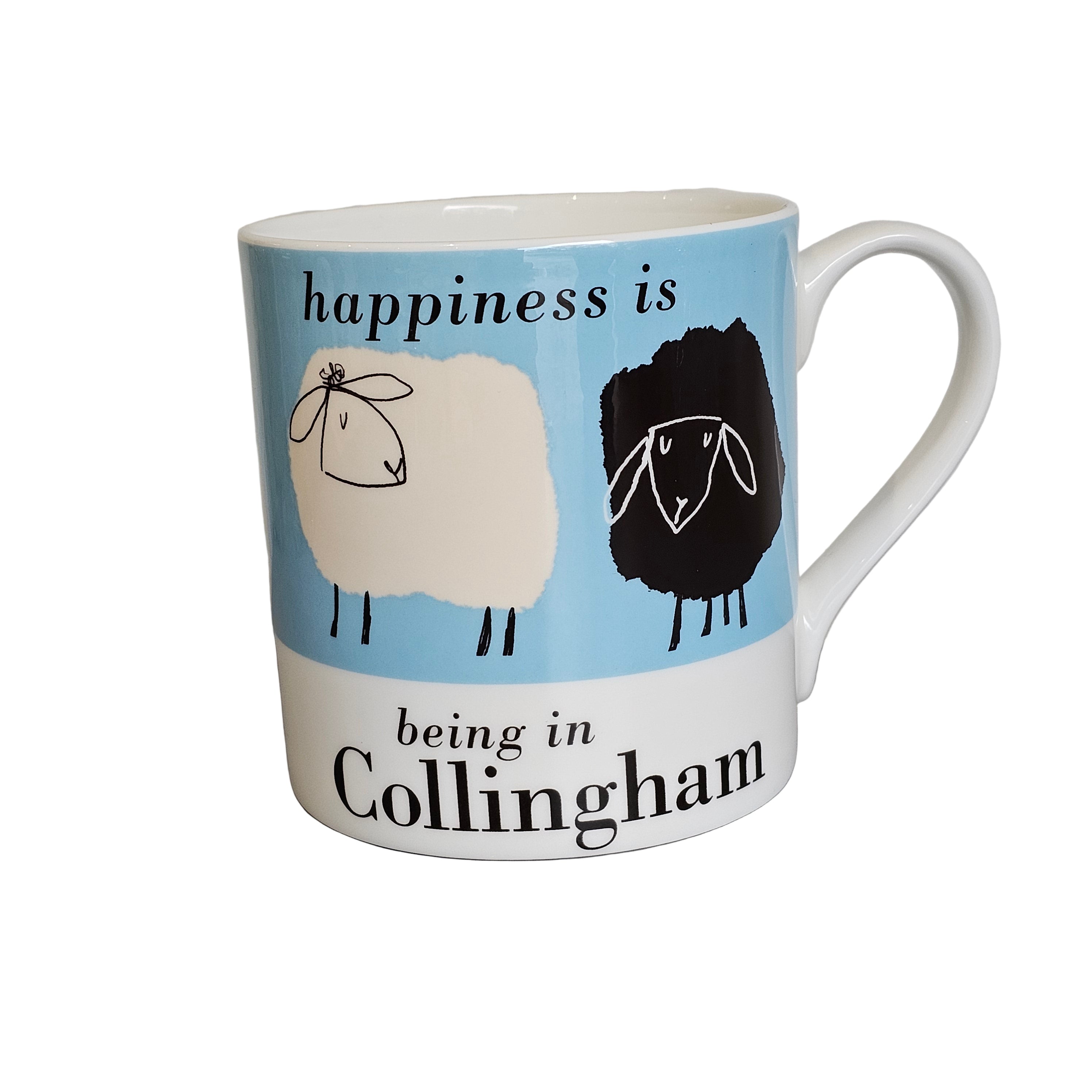 Mug with sheep design and text 'happiness is being in Collingham' on a blue background