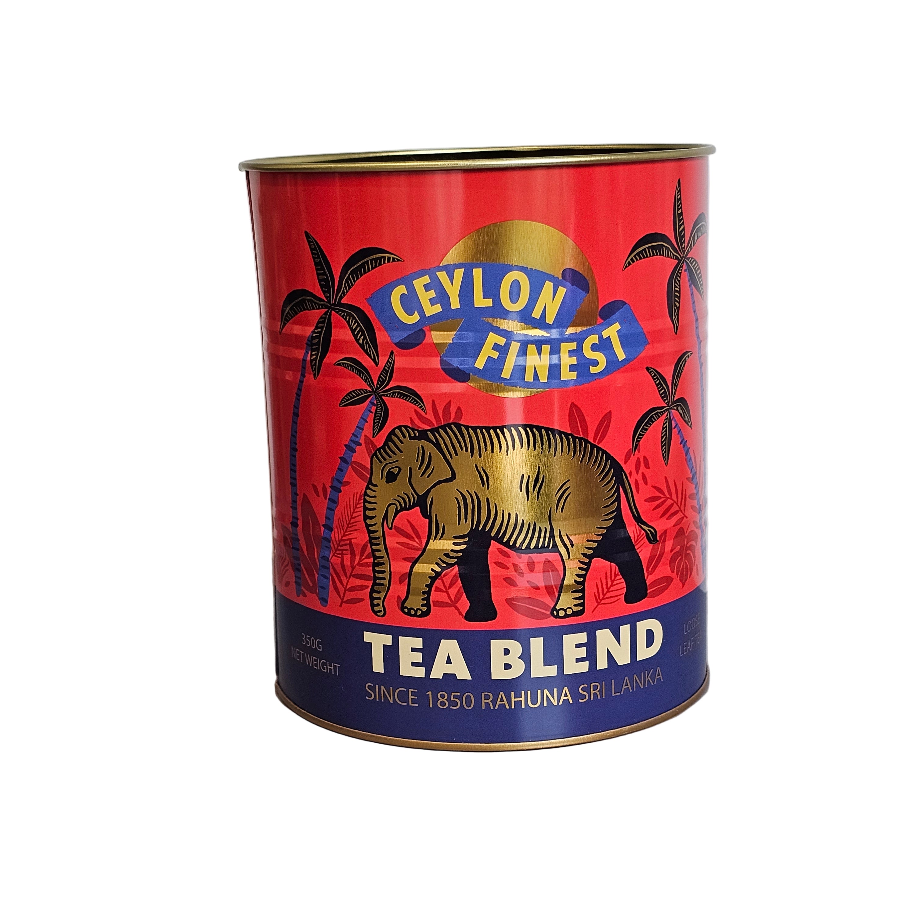Red can of Ceylon Finest Tea Blend with an elephant design on a white background