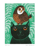 Illustration of a black cat with an owl on its head against a green background with leaf patterns.