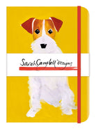 Notebook with a dog illustration on a yellow background, featuring the brand 'Sarah Campbell designs'.