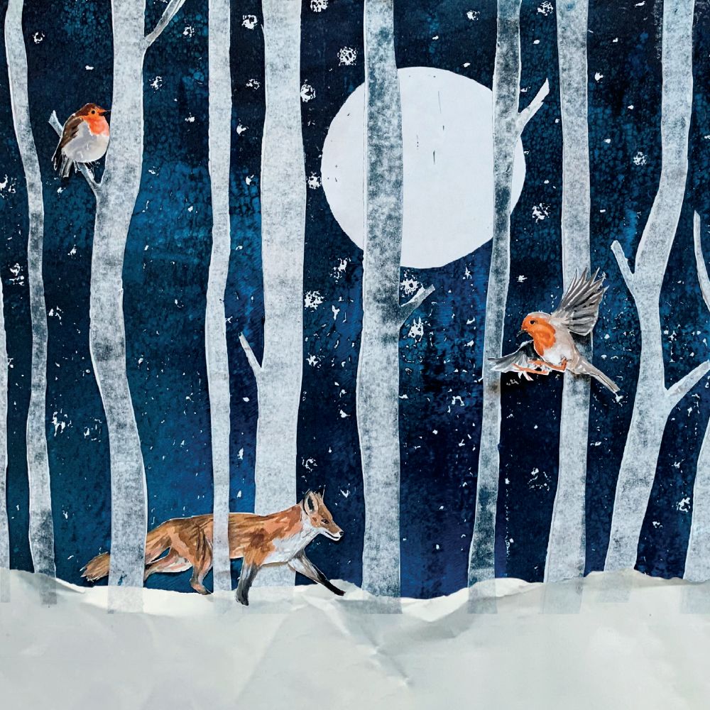 Winter scene with fox, birds, and full moon in a snowy forest