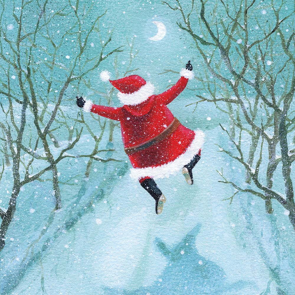 Person in a red Santa Claus outfit jumping in a snowy forest with a crescent moon in the sky.
