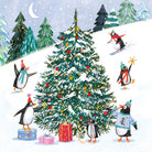 Illustration of penguins around a decorated Christmas tree with presents in a snowy landscape.
