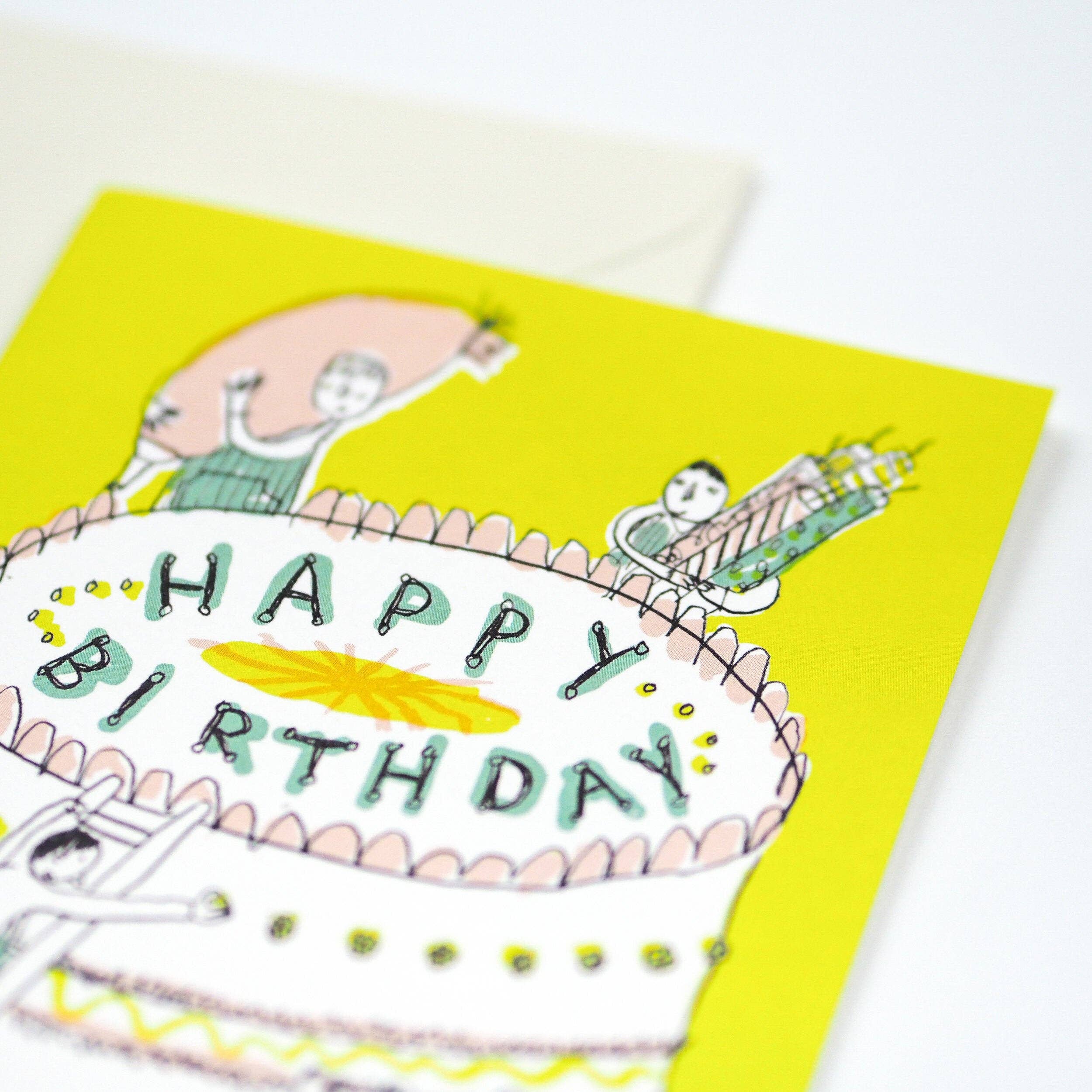 Birthday card with cartoon characters and 'Happy Birthday' text on a yellow background