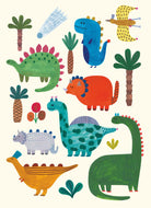 Illustrations of colorful dinosaurs and plants on a white background