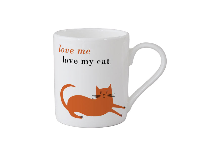White mug with an orange cat illustration and text 'love me love my cat' on a white background