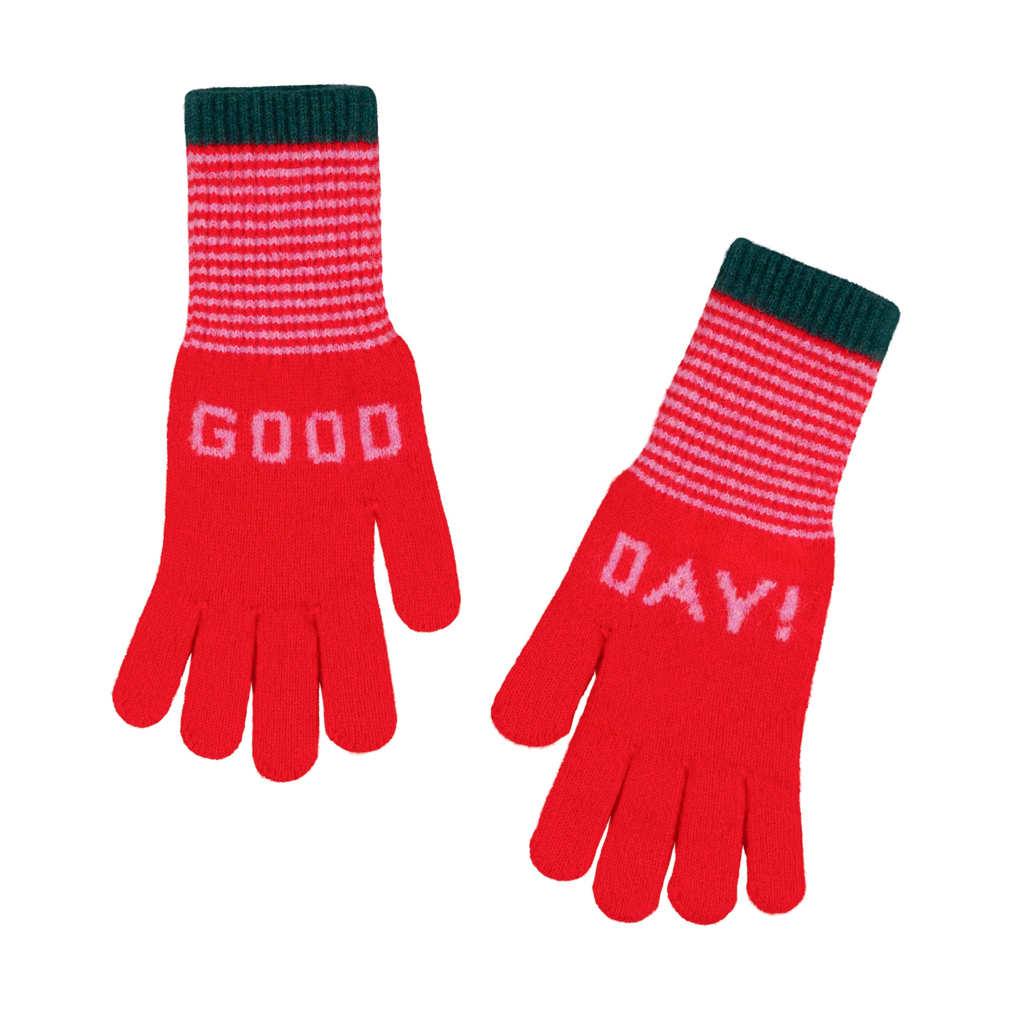 Red gloves with 'GOOD DAY!' text on a white background