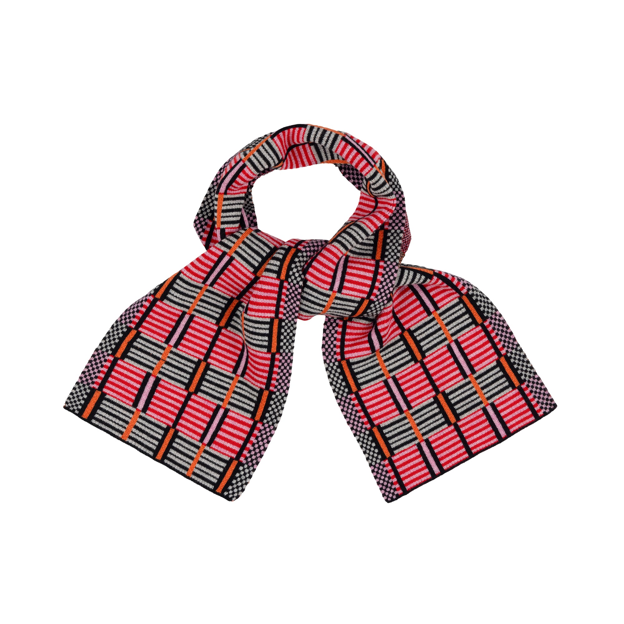 Plaid scarf with red, black, and orange pattern on a white background
