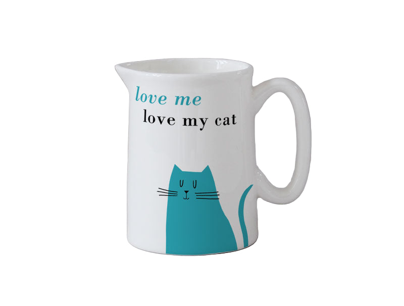 White mug with teal cat illustration and text 'love me love my cat' on a white background