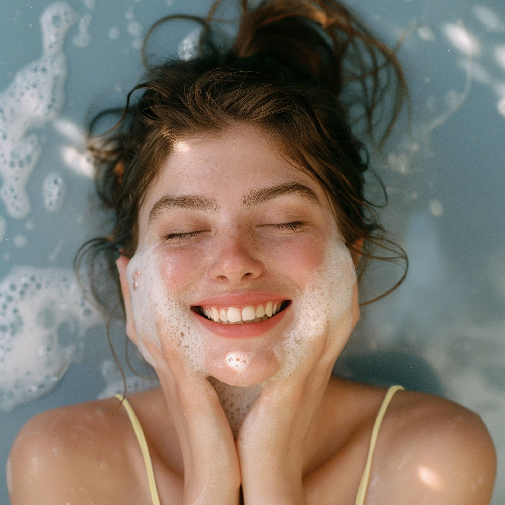 Woman with soap suds on her face against a blue background