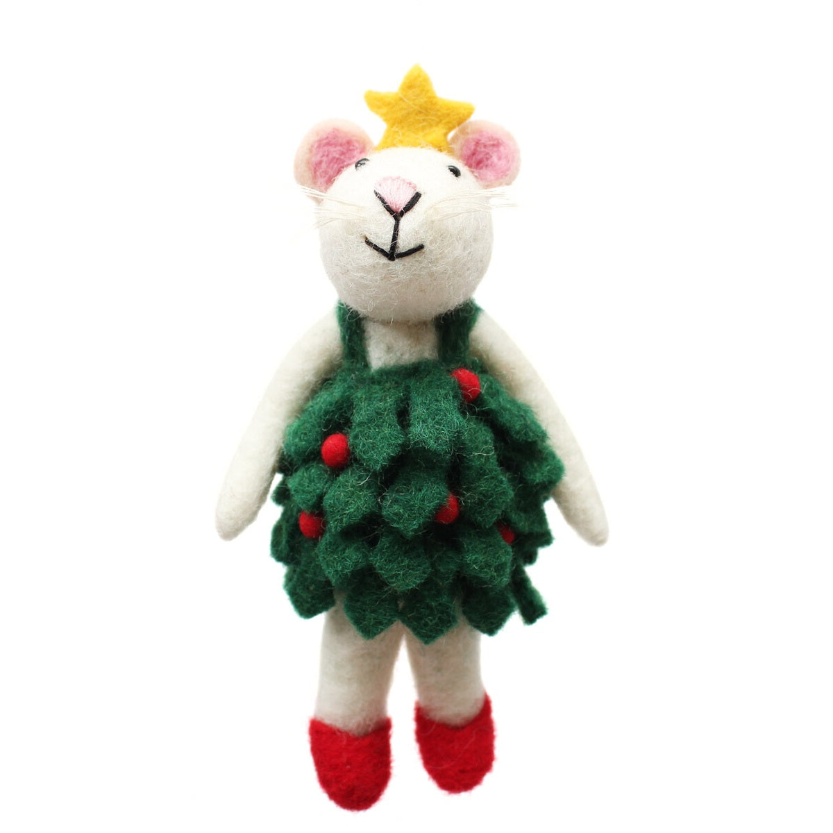 Toy mouse dressed as a Christmas tree with a star on a white background