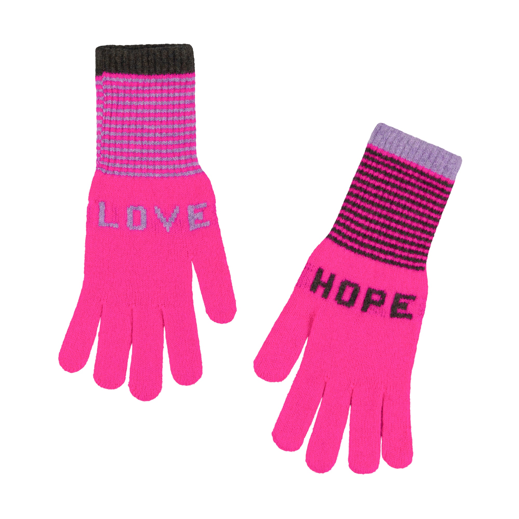 Pair of pink gloves with 'LOVE' and 'HOPE' text on a white background