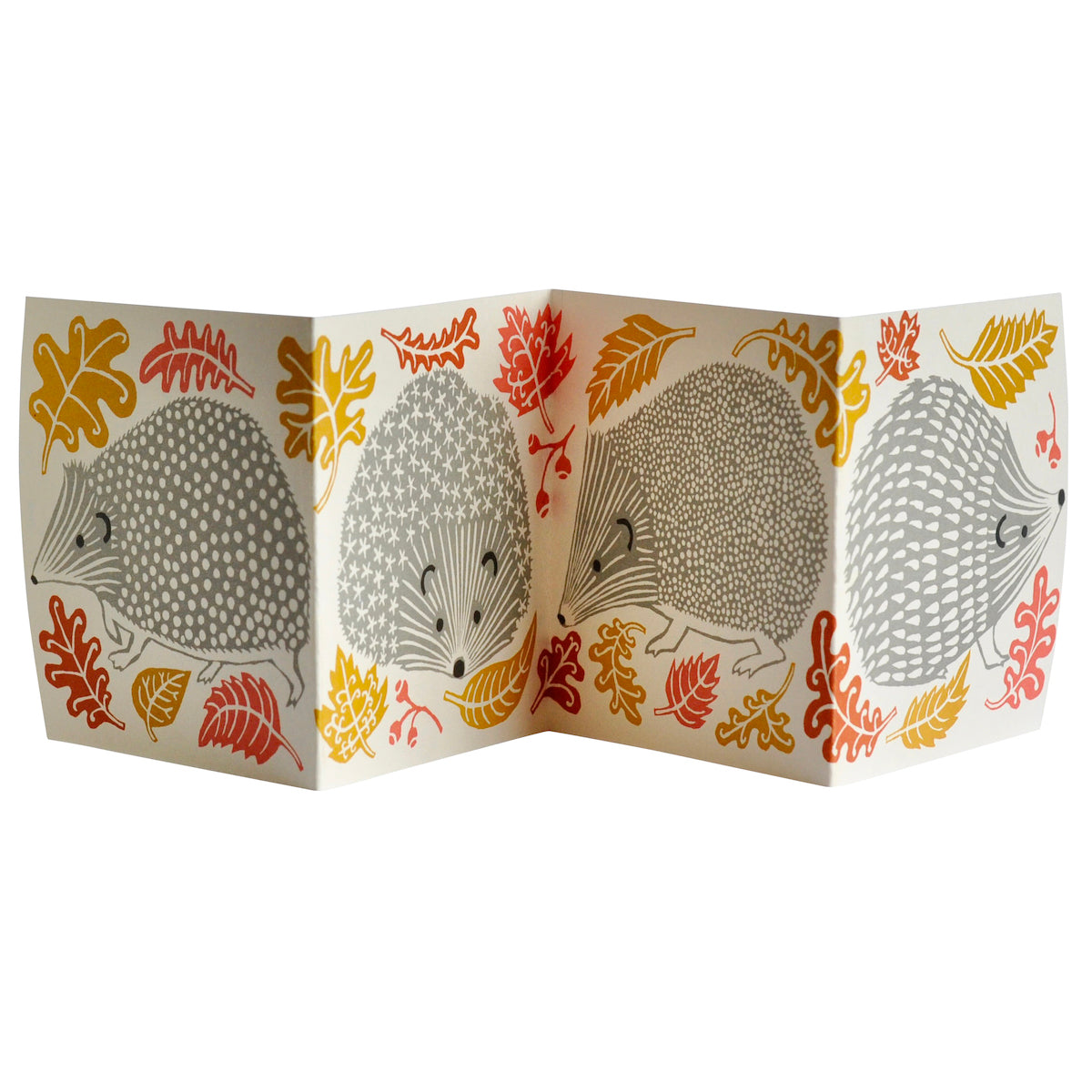 Foldable card with hedgehog and leaf design on a white background