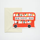 Greeting card with a red 'Birthday Bus' design on a white background