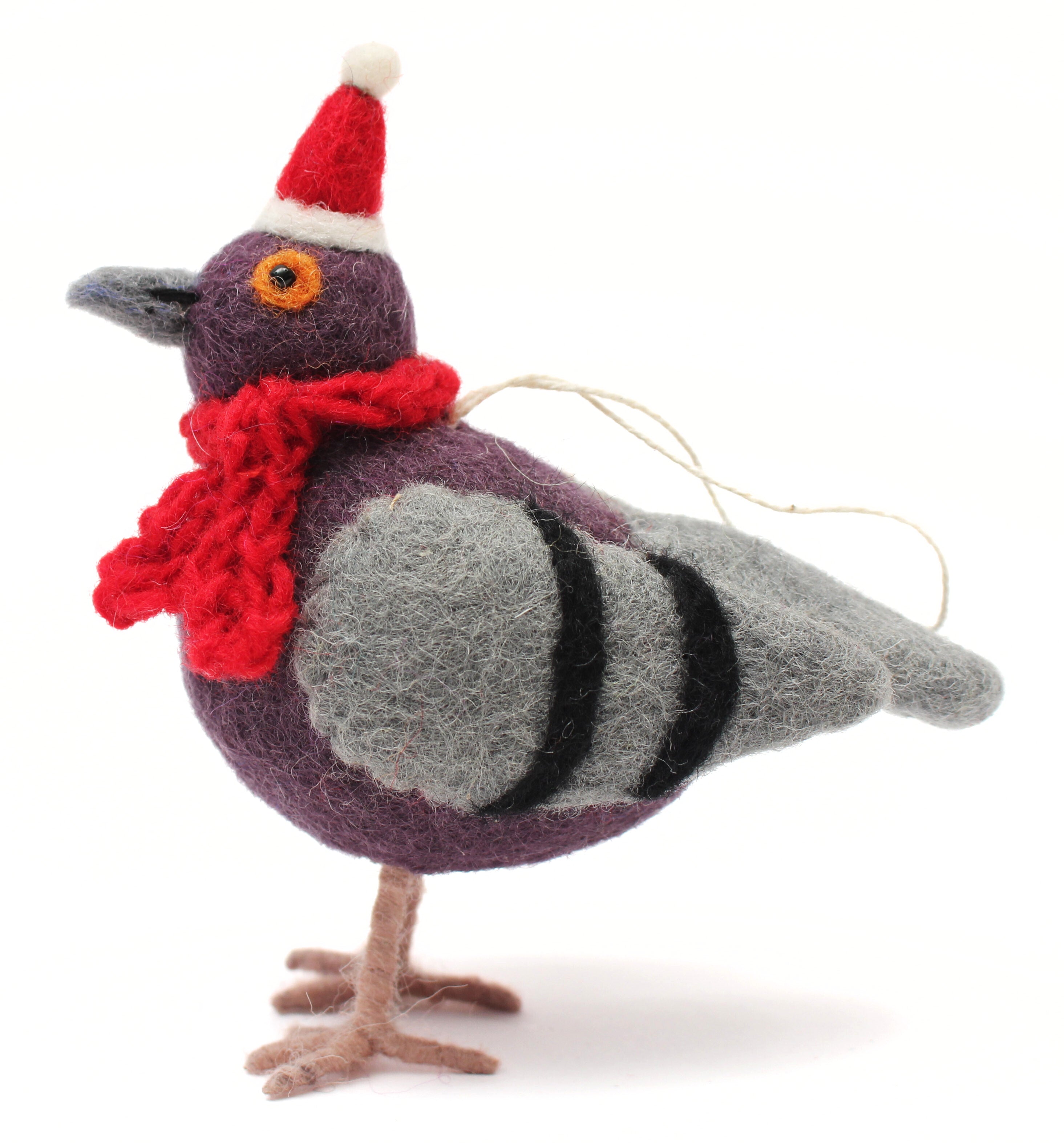 Felted pigeon ornament with a red scarf and Santa hat on a white background