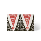 Card with a festive design featuring red, white, and black patterns on a white background