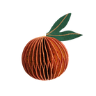 3D paper craft of a peach with green leaf on a white background