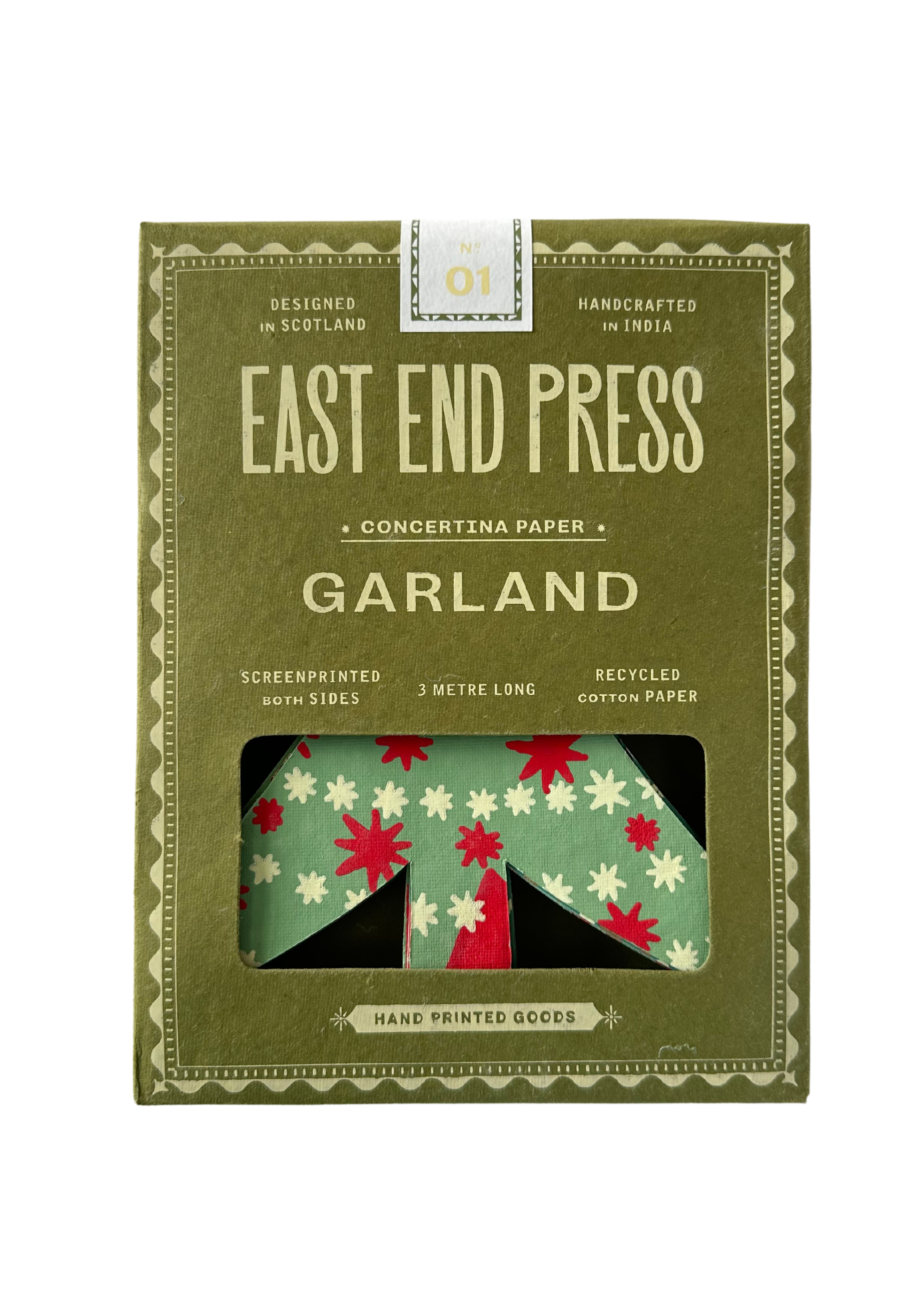 Packaged product from East End Press with floral design on a green background