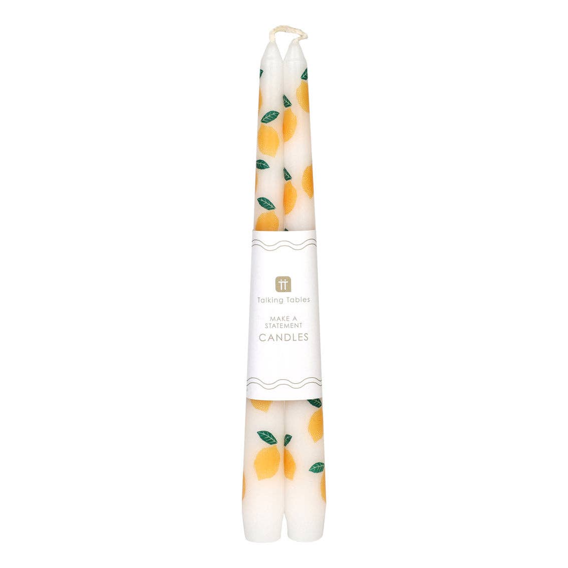 Pair of candles with lemon design on a white background