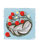 Illustration of a feather with red berries on a blue background