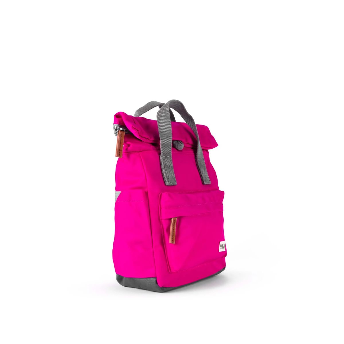 Angled view of pink backpack with grey straps on a white background