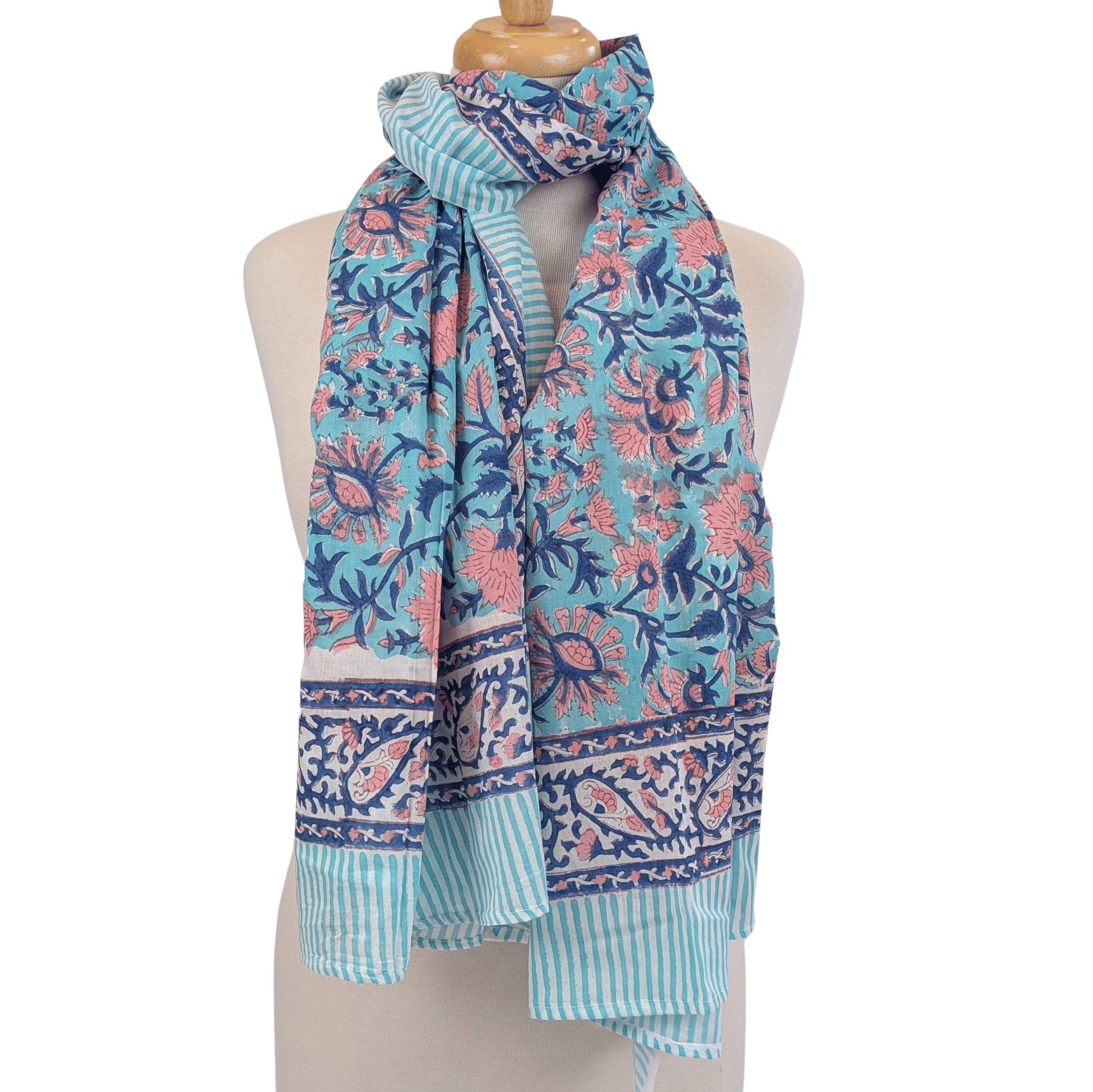 Scarf with floral pattern on a mannequin against a white background