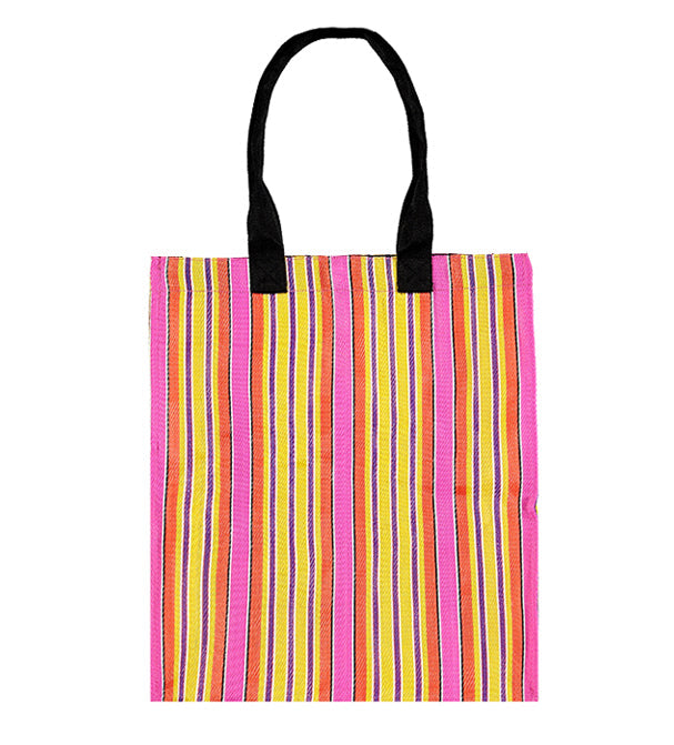 Eco-friendly woven shopper bag in Neyron Rose, Sage and Primrose Yellow with sturdy handles and magnetic closure