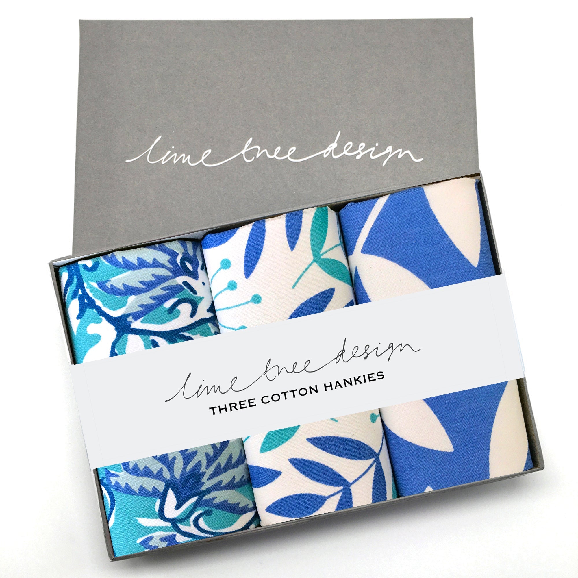 Box of 3 Cotton Hankies - Blue and Turquoise