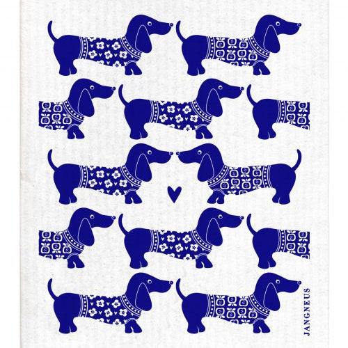 White cloth with blue dachshund pattern, brand 'Jangneus' visible