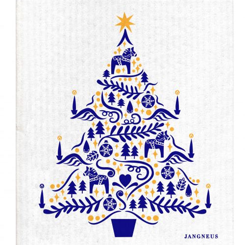 Decorative towel with a blue Christmas tree design featuring Dala horses and trees on a white background, branded 'Jangneus'.