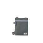 Gray crossbody bag with a visible brand logo on a white background