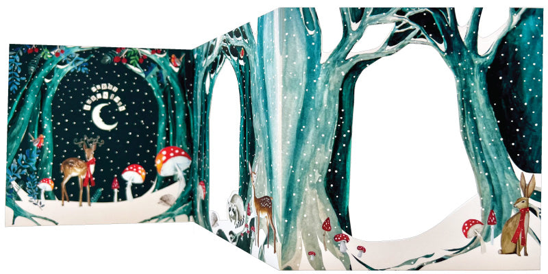 Illustration of a winter forest scene with deer, mushrooms, and a rabbit.