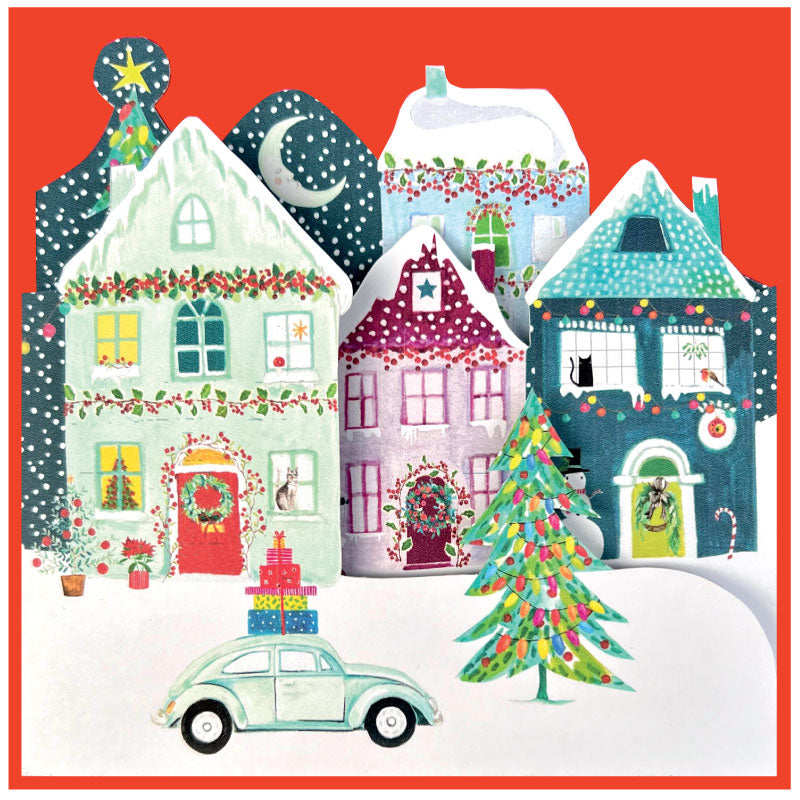 Illustration of festive houses and a car on a red background