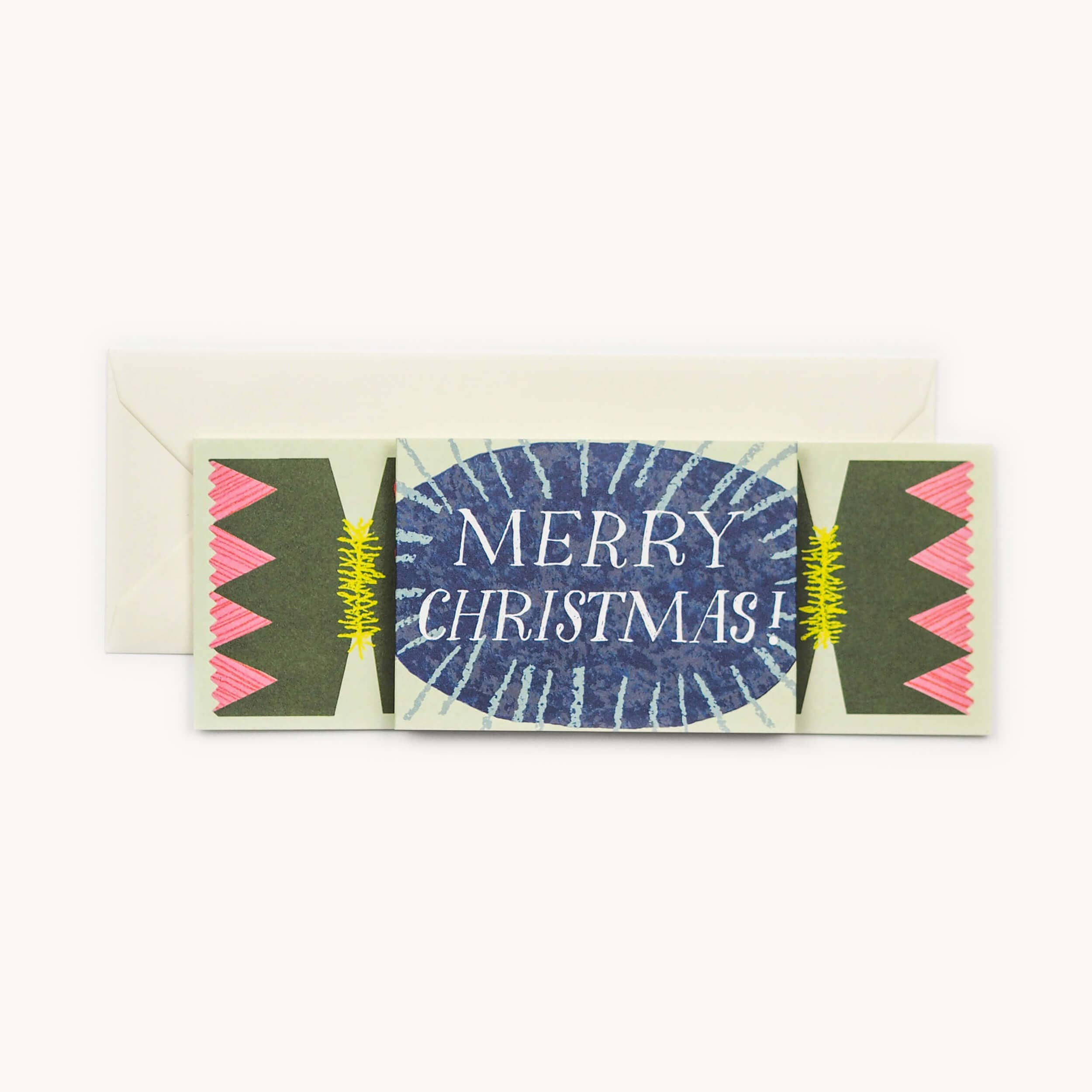 A Christmas card designed like a cracker, shown folded flat.