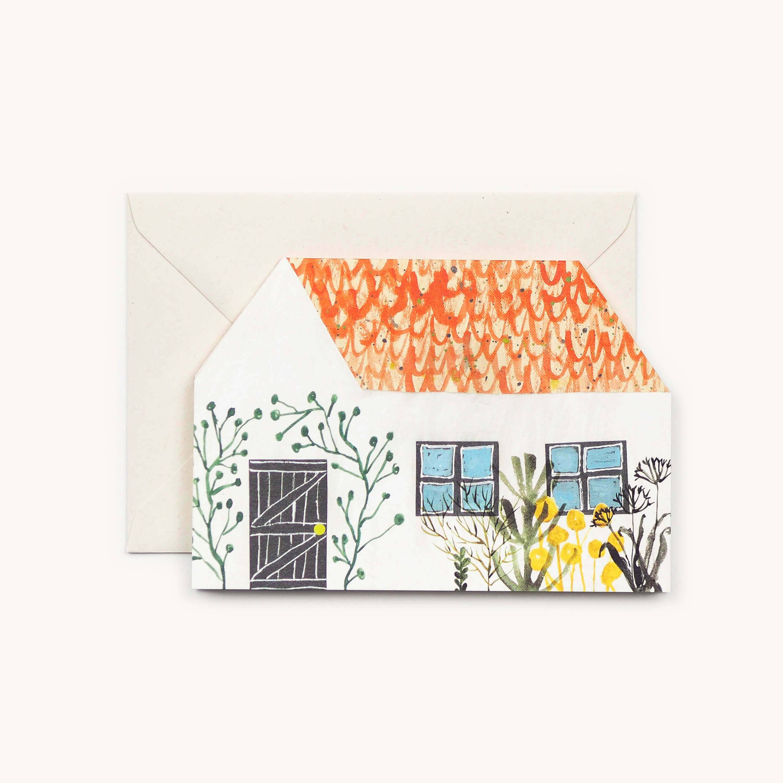 Greeting card with house illustration and floral elements on a white background