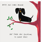 Cartoon dog in a tree with humorous quote about wisdom and exceptions.