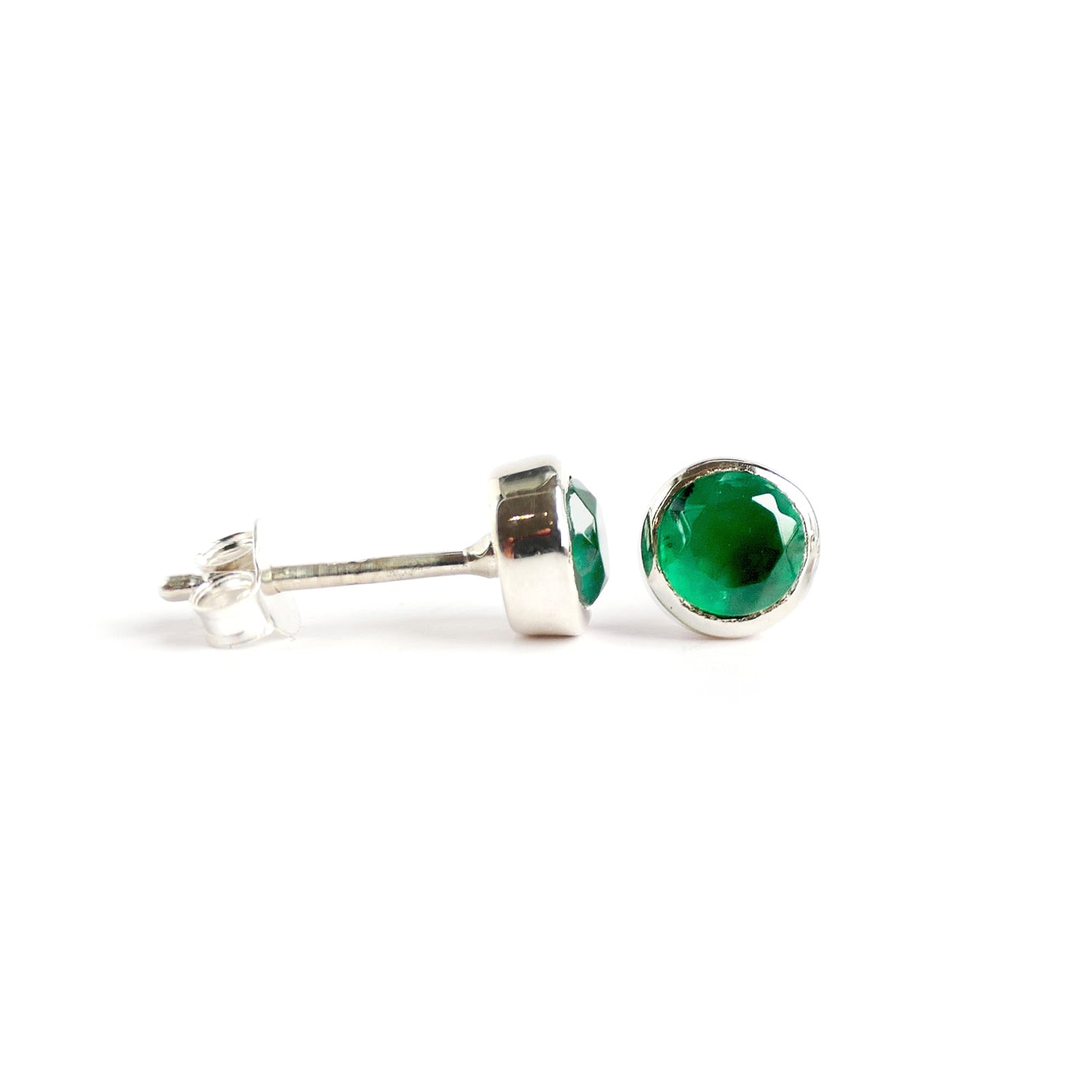 Birthstone Stud Earrings May: Emerald and Sterling Silver