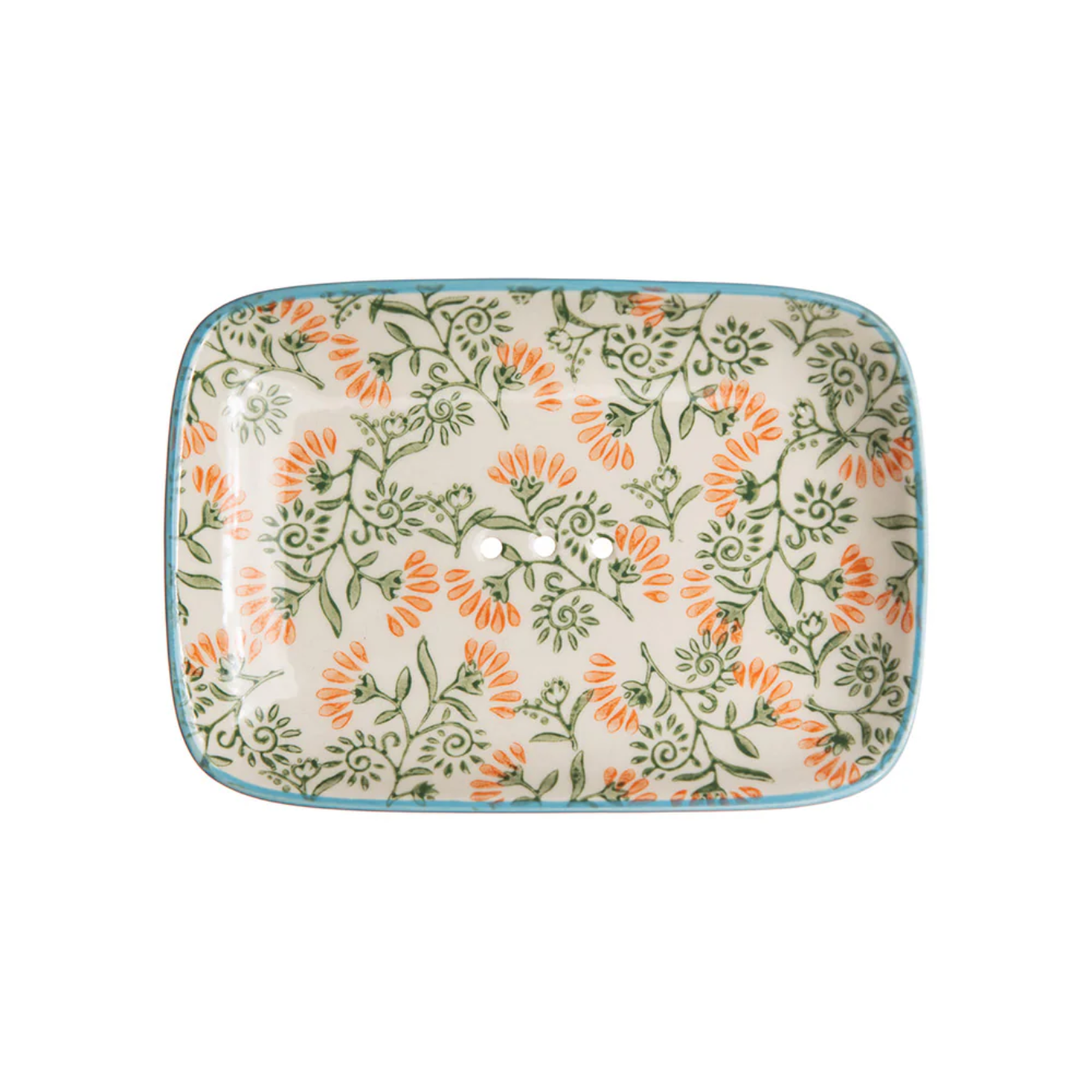 Rectangular soap dish with floral pattern on a white background