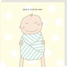 Illustration of a baby wrapped in a striped blanket with 'hello little one' text on a star-patterned background.
