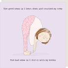 Illustration of a person in a yoga pose with humorous text on a light purple background