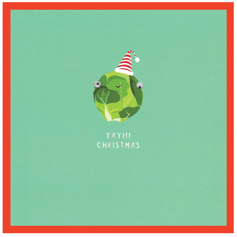 Illustration of a Christmas-themed brussels sprout with a Santa hat on a green background.