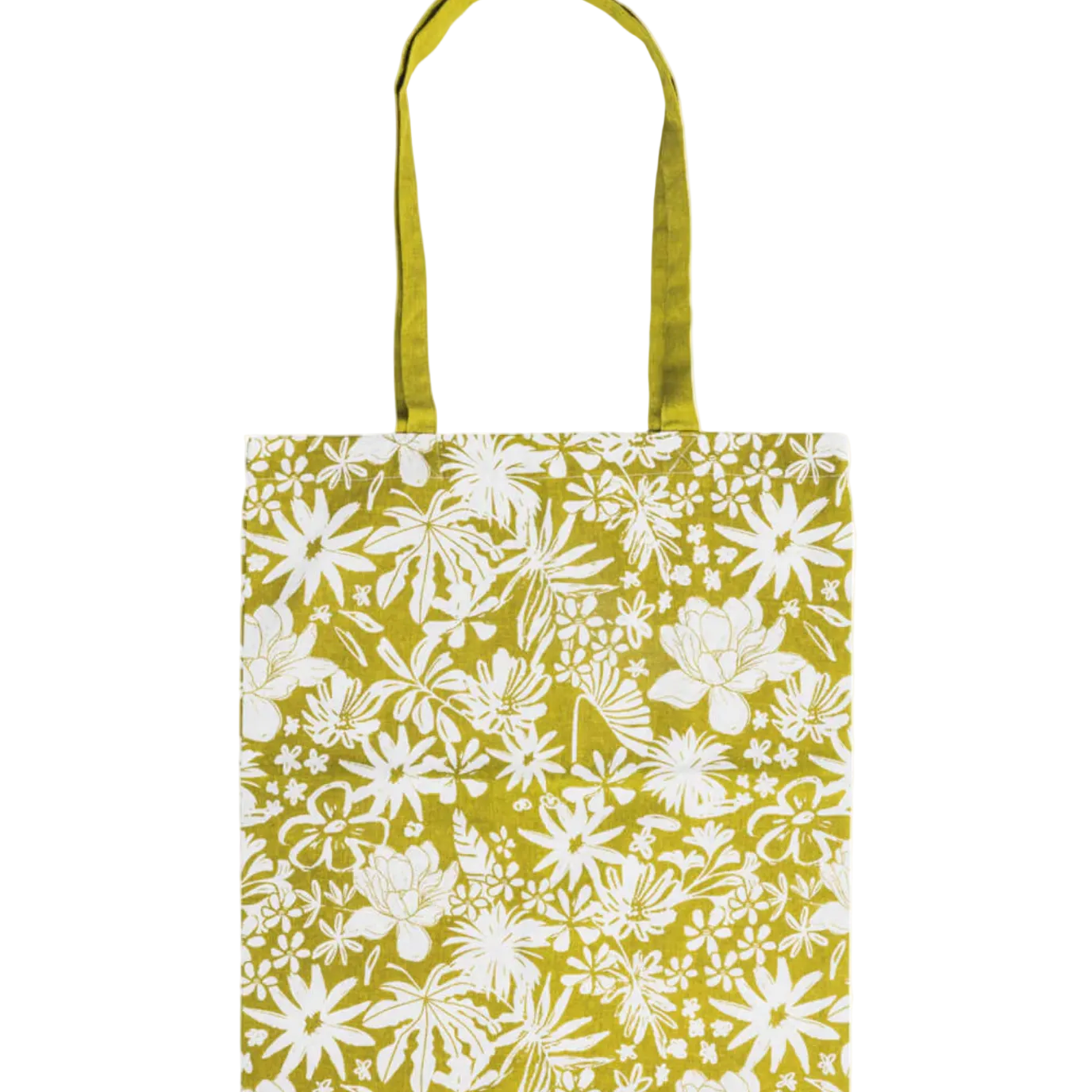 Tote bag with white floral pattern on a white background