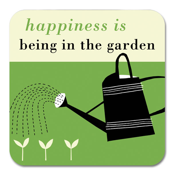Decorative coaster with a watering can and text 'happiness is being in the garden' on a green background.
